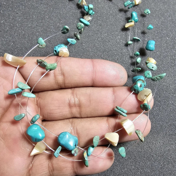 Three Strand Turquoise Nugget Bead Necklace With Sterling Silver Clasp 18 Inch s - Picture 2 of 5